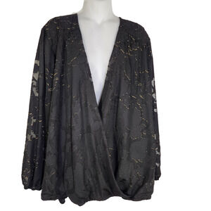 Maurices Womens Plus Size Metallic Jacquard Wrap Blouse 3X Sheer Long Sleeve